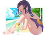  barefoot beach blue_sky braid casual_one-piece_swimsuit cloud darling_in_the_franxx day drink full_body green_eyes hair_over_shoulder ikuno_(darling_in_the_franxx) long_hair no_eyewear one-piece_swimsuit outdoors purple_hair purple_swimsuit single_braid sitting sky solo swimsuit waterring 