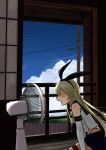  annin_musou bangs blonde_hair blue_sky closed_eyes cloud cloudy_sky commentary_request day elbow_gloves electric_fan fan_speaking from_side gloves hair_ribbon highres indoors kantai_collection long_hair midriff miniskirt open_mouth power_lines profile railing ribbon shimakaze_(kantai_collection) shirt skirt sky sleeveless sleeveless_shirt sliding_doors solo striped striped_legwear telephone_pole thighhighs 