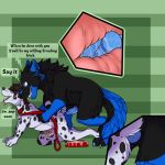  canine chastity chastity_cage crossybear_(artist) cum dalmatian dialogue diara dog english_text fur internal knot leash male male/male mammal petplay rawazu_(character) roleplay submissive text 