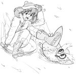  blush boots coat creatures_(company) delibird drawfag game_freak gen_2_pokemon greyscale hand_on_headwear highres medium_hair monochrome nintendo open_mouth outdoors pokemon pokemon_(creature) pokemon_(game) pokemon_xy sina_(pokemon) sketch sledding smile white_background 