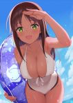  :d alice_gear_aegis arm_up armpits bangs bare_arms bare_shoulders blue_sky blush breasts brown_hair cleavage collarbone commentary covered_nipples cowboy_shot dark_skin day eyebrows_visible_through_hair green_eyes innertube kaneshiya_sitara large_breasts leaning_forward light_particles lips long_hair looking_at_viewer lunch_(lunch3) ocean one-piece_swimsuit open_mouth parted_bangs skindentation sky smile solo standing swimsuit thighs 