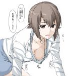  bra bra_peek breasts brown_eyes brown_hair cleavage commentary_request elf_(stroll_in_the_woods) eyebrows_visible_through_hair girls_und_panzer hair_between_eyes medium_breasts nishizumi_maho open_clothes short_hair solo speech_bubble strap_gap translation_request underwear white_background 