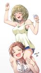  arm_up bangs blue_shorts bracelet breasts brown_hair carrying choko_(cup) closed_eyes cup dated eyebrows_visible_through_hair flying_sweatdrops green_tank_top highres idolmaster idolmaster_cinderella_girls jewelry kawashima_mizuki legs long_hair medium_breasts mole mole_under_eye multiple_girls necklace off_shoulder open_mouth pendant shirt short_hair shorts shoulder_carry signature simple_background sleeveless swept_bangs takagaki_kaede tank_top thighs white_background white_shirt yoohi 