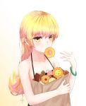  210240_(pixiv) bad_id bad_pixiv_id bangs blonde_hair bracelet collarbone doughnut eyebrows_visible_through_hair floating_hair food highres jewelry long_hair looking_at_viewer monogatari_(series) mouth_hold oshino_shinobu revision simple_background sleeveless solo transparent upper_body very_long_hair white_background yellow_eyes 