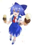  :d arms_up backpack bag bangs blue_backpack blue_bow blue_dress blue_eyes blue_footwear blue_hair blurry blush bow chocolate_chip cirno collared_shirt commentary_request depth_of_field double_scoop dress food full_body giving hair_between_eyes hair_bow highres ice_cream ice_cream_cone kerchief looking_at_viewer open_mouth pikumin puffy_short_sleeves puffy_sleeves red_kerchief red_neckwear round_teeth sharing_food shirt short_hair short_sleeves smile socks solo standing teeth touhou white_legwear white_shirt wing_collar 
