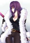  belt breasts cloak commentary_request cosplay fate/grand_order fate_(series) fur_trim hand_on_hip highres ishikane_aoi jaguarman_(fate/grand_order) jaguarman_(fate/grand_order)_(cosplay) large_breasts long_hair looking_at_viewer purple_hair red_eyes scathach_(fate)_(all) scathach_(fate/grand_order) 