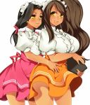  2girls bare_legs black_hair blush breasts brown_hair character_request curvy dark_skin female happy hug large_breasts long_hair looking_back maid matsuri_(senran_kagura) multiple_girls open_mouth senran_kagura shiny shiny_skin smile standing thighs tsubuki_(ron-bb69) twintails yellow_eyes 