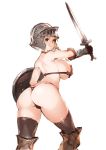  armor ass back bikini_armor blonde_hair blue_eyes boots breasts brown_legwear gauntlets helm helmet highres large_breasts looking_at_viewer looking_back nbo original outstretched_arm shield short_hair sideboob simple_background sketch smile solo sword thigh_boots thighhighs thong weapon white_background 