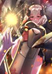 azur_lane bangs black_jacket blonde_hair blood blood_splatter blush breasts brown_eyes charging_(attack) commentary_request eyebrows_visible_through_hair gloves greaves hair_between_eyes hand_on_own_face hand_up head_tilt headgear highres iron_cross jacket ken_ill large_breasts light_particles long_sleeves looking_at_viewer machinery miniskirt multicolored_hair open_mouth pleated_skirt pov red_hair rigging roon_(azur_lane) shirt short_hair sidelocks skirt smile streaked_hair 