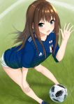  :d ball bangs bent_over blue_footwear blue_shirt blunt_bangs blush brown_hair eyebrows_visible_through_hair football_(object) green_eyes hair_between_eyes idolmaster idolmaster_cinderella_girls japan japanese_flag long_hair looking_at_viewer miyazumi open_mouth shibuya_rin shirt shoes short_shorts short_sleeves shorts smile sneakers soccer soccer_ball soccer_uniform sportswear standing telstar_18 white_shorts world_cup 