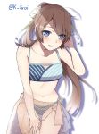  bikini blue_eyes breasts brown_hair eyebrows_visible_through_hair hair_ribbon highres kagari_leroy kantai_collection kazagumo_(kantai_collection) light_blush long_hair looking_at_viewer navel open_mouth ponytail ribbon sarong simple_background small_breasts solo swimsuit twitter_username white_background 