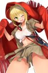  ;d bag blonde_hair breasts cleavage fate/grand_order fate_(series) green_eyes highres midriff navel nero_claudius_(fate)_(all) one_eye_closed open_mouth sasahara_wakaba shorts smile solo sweat wet wet_clothes 