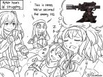  armband assault_rifle bangs beret blunt_bangs bruise cigarette commentary crossover english english_commentary fingerless_gloves g11_(girls_frontline) gambier_bay_(kantai_collection) girls_frontline gloves greyscale guin_guin gun hair_between_eyes hat headband hk416_(girls_frontline) holding holding_gun holding_weapon hood hooded_jacket injury jacket kantai_collection long_hair long_sleeves monochrome multiple_girls one_side_up open_clothes open_jacket phone rifle scar scar_across_eye scarf sleeping twintails ump45_(girls_frontline) weapon 