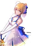  ahoge artist_name artoria_pendragon_(all) back_bow bangs blonde_hair blue_bow blunt_bangs bow breasts cleavage collarbone dress elbow_gloves excalibur eyebrows_visible_through_hair fate/stay_night fate_(series) gloves green_eyes hair_between_eyes hair_bow halterneck hands_on_hilt highres kayakooooo long_hair medium_breasts ponytail saber sidelocks sketch sleeveless sleeveless_dress solo standing white_dress white_gloves 