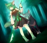  ambiguous_gender animal_humanoid blood breasts brown_eyes canine clothing crunchobar duo female feral forest glaive green_eyes green_hair hair humanoid mammal melee_weapon naginata paws polearm ribbons robe tree weapon wolf wolf_humanoid 