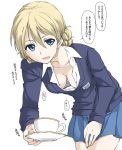  blonde_hair blue_eyes blue_skirt blue_sweater braid breasts cleavage collarbone commentary_request cup darjeeling downblouse elf_(stroll_in_the_woods) emblem french_braid girls_und_panzer hair_between_eyes hanging_breasts highres leaning_forward looking_at_viewer medium_breasts no_legwear pleated_skirt saucer skirt smile solo st._gloriana's_(emblem) st._gloriana's_school_uniform sweater teacup translation_request unbuttoned unbuttoned_shirt white_background 
