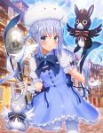  adapted_costume animal animal_on_head anko_(gochiusa) bangs black_bow black_wings blue_dress blue_eyes blue_sky blunt_bangs blush bow bunny bunny_on_head cloud day dress eyebrows_visible_through_hair floating_hair gloves gochuumon_wa_usagi_desu_ka? highres holding holding_spoon kafuu_chino long_hair looking_at_viewer mikomiko_(mikomikosu) on_head outdoors pinafore_dress shiny shiny_hair short_sleeves silver_hair sky sleeveless sleeveless_dress smile spoon sunlight tippy_(gochiusa) twintails very_long_hair white_gloves white_legwear white_wings wild_geese wings 