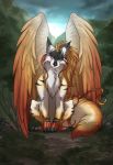  2017 canine eliana-asato feathered_wings feathers feral fur mammal multicolored_fur outside purple_eyes sitting wings wolf 