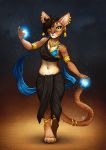  abyssinian_cat anklet anthro armlet big_ears brown_hair cat claws clothing curly_hair dark digitigrade ear_piercing feline female glowing hair jewelry looking_at_viewer mammal midriff navel necklace night piercing portrait skirt slit_pupils solo standing tail_ring tasanko whiskers yellow_eyes 