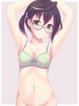  absurdres ahoge armpits arms_up black_hair blush bottomless bra breasts cleavage collarbone eyebrows_visible_through_hair glasses green-framed_eyewear green_eyes grey_background groin hair_between_eyes hair_ornament head_tilt highres kantai_collection looking_at_viewer navel okinami_(kantai_collection) one_side_up shiny shiny_skin short_hair simple_background small_breasts solo twinameless underwear underwear_only white_bra 