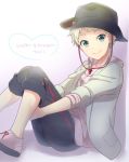  black_pants blonde_hair character_name cowboy_hat earrings green_eyes happy_birthday hat jacket jewelry kikuchi_mataha looking_at_viewer male_focus pants sitting smile solo vocaloid yuu_(vocaloid) zola_project 