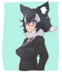  alternate_hairstyle animal_ears black_hair blue_eyes coat eyebrows_visible_through_hair fur_collar glasses grey_wolf_(kemono_friends) heterochromia highres kemono_friends long_sleeves multicolored_hair necktie plaid_neckwear short_hair teranekosu upper_body white_hair wolf_ears yellow_eyes 