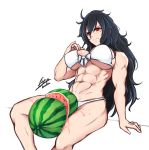  abs absurdres airisubaka bikini black_hair breasts daidouji_(senran_kagura) food fruit highres long_hair mole mole_under_eye muscle muscular_female red_eyes senran_kagura signature simple_background swimsuit watermelon 