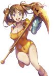  :d boots breasts brown_hair cleavage collarbone covered_navel diane_(nanatsu_no_taizai) floating_hair holding holding_hammer large_breasts leg_up leotard long_hair looking_at_viewer nanatsu_no_taizai open_mouth orange_footwear orange_leotard purple_eyes shiny shiny_skin simple_background smile solo tattoo twintails white_background yuyu_(yuyudesu0806) 