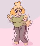  2015 animal_crossing anthro blush breasts canine clothed clothing digital_media_(artwork) dog female fur isabelle_(animal_crossing) knock_kneed looking_at_viewer mammal nintendo omorashi shaking shiba_inu simple_background smile solo standing sweat tinycatmom trembling v_sign video_games yellow_fur 