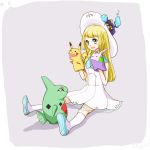  blonde_hair braid commentary_request cosmog dress gen_1_pokemon gen_2_pokemon gen_6_pokemon gen_7_pokemon goomy green_eyes hand_puppet hat hmiiy_000 larvitar lillie_(pokemon) long_hair open_mouth pikachu pokemon pokemon_(creature) pokemon_(game) pokemon_sm puppet simple_background sitting sleeveless sleeveless_dress sun_hat twin_braids white_dress white_hat 
