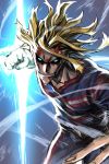  all_might attack blonde_hair blood blood_from_mouth blood_on_face blue_eyes boku_no_hero_academia clenched_hand clenched_teeth commentary english_commentary glowing glowing_eyes glowing_hand highres kyo-ani_love looking_at_viewer male_focus short_hair smile solo teeth wind yagi_toshinori 