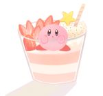  :o blue_eyes blush_stickers commentary cup food fruit full_body highres ice_cream in_container in_cup kirby kirby_(series) mizu_puru no_humans shadow simple_background solo sprinkles star strawberry sundae wafer_stick white_background 