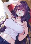  ahoge bare_shoulders breasts cleavage commentary_request cu-no glasses hisenkaede large_breasts long_hair navel open_mouth original purple_eyes purple_hair solo 
