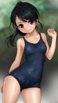  black_hair black_swimsuit blurry contrapposto cowboy_shot depth_of_field flat_chest long_hair looking_at_viewer one-piece_swimsuit original outdoors purple_eyes rohitsuka school_swimsuit solo standing swimsuit wet wet_clothes wet_swimsuit 