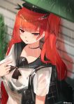  alternate_costume azur_lane bag bangs black_bra black_ribbon blush bra breasts choker collarbone commentary_request eyebrows_visible_through_hair hair_ribbon half-closed_eyes hat highres honolulu_(azur_lane) large_breasts long_hair looking_at_viewer neck_ribbon open_mouth red_eyes red_hair ribbon sailor_collar school_bag school_uniform see-through shirt solo thousa_01 twintails twitter_username underwear upper_body wet wet_clothes wet_shirt 