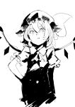  absurdres bangs commentary_request crystal flandre_scarlet frilled_sleeves frills greyscale hair_between_eyes hat highres looking_at_viewer mob_cap monochrome pikumin puffy_short_sleeves puffy_sleeves short_hair short_sleeves solo touhou wings 