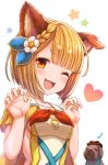  ;3 ;d =_= animal_ears bangs blonde_hair blue_ribbon blunt_bangs blush bob_cut braid breasts claw_pose collarbone commentary_request dog dog_ears ear_down erune eyebrows_visible_through_hair fingernails flower french_braid garjana granblue_fantasy hair_flower hair_ornament hair_ribbon hands_up heart highres looking_at_viewer musical_note nail_polish one_eye_closed open_mouth orange_eyes orange_neckwear parted_bangs ribbon shiny shiny_hair shirt short_hair short_sleeves small_breasts smile star starry_background tomo_(user_hes4085) upper_body vajra_(granblue_fantasy) white_background white_flower white_nails yellow_shirt 