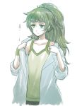  bangs blunt_bangs flat_chest green_eyes green_hair hiyajou_maho labcoat long_hair menomorute ponytail removing_coat simple_background sketch sleeves_rolled_up solo spoken_sweatdrop steins;gate steins;gate_0 sweat sweatdrop tank_top thick_eyebrows undressing upper_body white_background wristband 