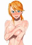  bangs blue_eyes blush breasts cholesenel cleavage collarbone covering covering_breasts embarrassed eyebrows_visible_through_hair hair_between_eyes highres large_breasts laxia_(ys) long_hair looking_at_viewer open_mouth orange_hair parted_bangs shiny shiny_skin simple_background sketch solo upper_body wet white_background ys ys_viii_lacrimosa_of_dana 