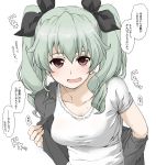  alternate_costume anchovy black_ribbon commentary_request drill_hair elf_(stroll_in_the_woods) eyebrows_visible_through_hair girls_und_panzer green_hair hair_between_eyes hair_ribbon highres looking_at_viewer red_eyes removing_jacket ribbon solo thought_bubble translation_request twin_drills twintails white_background 