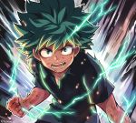  angry boku_no_hero_academia casual clenched_hand determined freckles fujimaru_(green_sparrow) green_eyes green_hair lightning looking_at_viewer male_focus midoriya_izuku open_mouth scratches short_hair solo sparks spiked_hair upper_body 