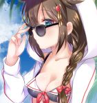  bikini blue_eyes braid breasts brown_hair cleavage collarbone commentary_request eyebrows_visible_through_hair glasses hair_between_eyes hair_flaps hair_ornament hair_over_shoulder hair_ribbon hood hoodie kantai_collection long_hair looking_at_viewer looking_to_the_side mashiro_aa medium_breasts remodel_(kantai_collection) ribbon shigure_(kantai_collection) single_braid solo sunglasses sweat sweatdrop swimsuit wet 