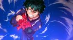  angry attack blue_background boku_no_hero_academia clenched_teeth determined freckles from_above glowing glowing_hand glowing_veins green_eyes green_hair highres male_focus mary_(marysan) midoriya_izuku short_hair solo teeth uniform 