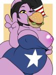  2018 anthro areola big_breasts black_nose breasts burger cat catty_(undertale) clothed clothing digital_media_(artwork) feline female food freckles hair hi_res huge_breasts kloudmutt mammal nipples one_breast_out one_eye_closed overweight short_hair simple_background solo thick_thighs undertale united_states_of_america v_sign video_games wink yellow_sclera 