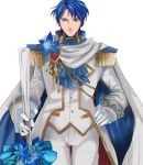  blue_eyes blue_hair cosplay fire_emblem fire_emblem:_monshou_no_nazo fire_emblem:_seisen_no_keifu fire_emblem_heroes flower formal gloves groom looking_at_viewer male_focus marth marth_(cosplay) rem_sora410 short_hair sigurd_(fire_emblem) smile solo suit tuxedo weapon 