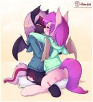  bat_wings blush clothed clothing duo equine fan_character female girly hair hoodie hoodie_(artist) hug male male/male mammal membranous_wings my_little_pony sweater wings 