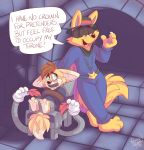  anthro bound canine clothed clothing cub feathers fox fully_bound fully_clothed gag kaiketsu_zorori male mammal nervous roarey_raccoon stocks tape tape_gag tickling young zorori 