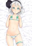  :o ass_visible_through_thighs bed_sheet bow bow_bra bow_panties bra commentary flat_chest frilled_bra frilled_panties frills green_eyes groin hairband hashimoto_w.s. highres konpaku_youmu leg_garter lingerie looking_at_viewer lying navel on_back panties shirt short_hair solo stomach touhou underwear white_shirt 