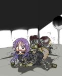  1girl arms_behind_back belt bondage chained chains hogtie lilish lock peril predicament_bondage purple_hair ring_gag solo tears water 