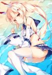  ass ayanami_(azur_lane) azur_lane bandaid_on_arm bangs bare_shoulders beach belt blonde_hair blue_choker blue_sailor_collar blue_skirt blush breasts choker closed_mouth commentary_request eyebrows_visible_through_hair feet_out_of_frame floating_hair groin head_tilt headgear high_ponytail highres legs_together long_hair long_sleeves looking_at_viewer lying midriff miniskirt navel on_side orange_eyes outstretched_arm panties pantyshot pleated_skirt ponytail remodel_(azur_lane) ribbon-trimmed_sleeves ribbon_trim sailor_collar school_uniform serafuku shade shiny shiny_skin shirt sidelocks skirt sleeveless sleeveless_shirt small_breasts solo thighhighs thighs unacchi_(nyusankin) underwear wet wet_clothes white_belt white_legwear white_shirt wide_sleeves yellow_neckwear 